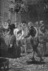 Treffen von Maria de Medici und Heinrich IV. (1601): Maria de Medici (1573-1642) verneigt sich vor ihrem Ehemann, König von Frankreich Heinrich IV. (1553-1610). Gravur des 19. Jahrhunderts. In „Histoire de France“ von Jules Michelet von Unknown artist