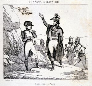 Treffen von Napoleon Bonaparte und Pasquale oder Pascal Paoli (1725 - 1807), korsischer Patriot. Gravur des 19. Jahrhunderts