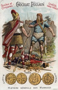 Merowinger: Chlodwig I. erschlägt den Soldaten, der das Gefäß von Soissons zerbrochen hatte, im Jahr 486. In Allgemeine Münzgeschichte. Schokoladen-Fohlen-Chromolithographie des späten 19. Jahrhunderts. Private Sammlung. von Unknown artist