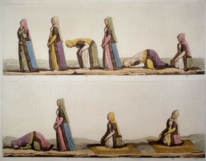 Methode für Gebetshaltungen der Muslime. In Die alte und moderne Tracht 1819-1820, von Ferrario. von Unknown artist