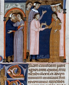 Miniatur Verlobungszeremonie aus „Decret de Gratien“ („Concordia discordantium canonum“ oder „Decretum Gratiani“) aus dem Jahr 1140, das die Gesetze und Kanones der römisch-katholischen Kirche regelt. 14. Jahrhundert Cesena Biblioteca Malatestiana von Unknown artist