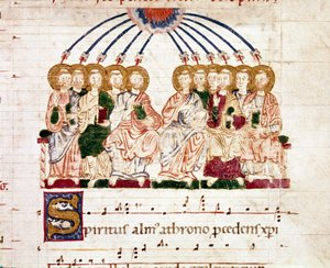 Miniatur Pfingsten aus einem Gradual-Antiphonar (Tropair) (ms. 65) 12. Jahrhundert