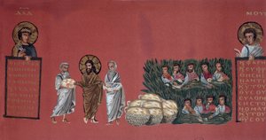 Wunder der Brotvermehrung - Szene aus dem Evangelium des Matthäus - Chromolithographie eines griechischen Manuskripts (ca. 600) aus der Nationalbibliothek