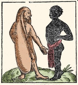 Monströse Kreaturen: zwei afrikanische Männer, einer von ihnen mit langen Ohren, um sich vor Sonne und Kälte zu schützen. Wenn eine Situation sie einschüchtert, ermöglichen ihnen ihre Ohren, wegzufliegen. Symbolisch ermöglichen sie ihnen, das Wort Gottes b von Unknown artist