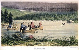 Mosquito Lake in Kanada: Indianer überqueren den See mit Moskitonetzen auf dem Kopf - in „Exploration of the Labrador Peninsula“ von Hind, London von Unknown artist