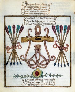 Motto der katholischen Könige. Emblem der katholischen Könige. Miniatur in „Devocionario de la Reyna Da Juana a Quien Llamaron la Loca“ von Pedro Marcuello von Unknown artist