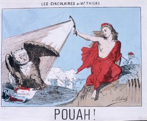 Flugblätter von Herrn Thiers - Pouah! : Karikatur von Thiers in Eule und Marianne (La Commune) erleuchtet ihn.