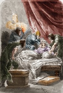 Mord an Galswinthe (Galsuinde) (ca. 545 - 567), Königin der Franken in Neustrien, Ehefrau von Chilperich I. (König der Franken). Gravur in „Geschichte Frankreichs in hundert Gemälden“ von Paul Lehugeur, 1891