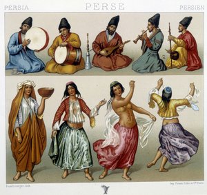 Musiker und Tänzer in Persien - in „Le costume historique“ von Racinet