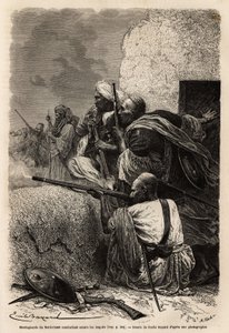 Muslimische Bergbewohner, die in die Berge von Svat umgesiedelt wurden, kämpfen 1863 gegen eine englische Expedition, um das Plündern von Dörfern in der Region zu stoppen. Gravur zur Illustration der Geschichte von Pandjab und Kaschmir, von Guillaume Lejea