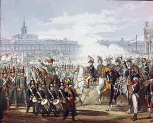 Napoleon Bonaparte (1769-1821) inspiziert die lombardische und cispadanische Legion der Miliz am 09.07.1797. Aquarellgravur. Mailand, Museo del Risorgimento von Unknown artist