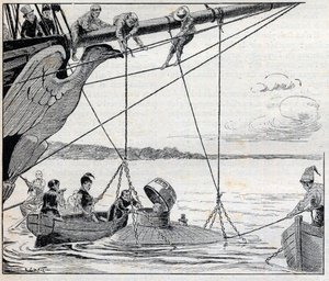 Napoleon flieht von der Insel St. Helena in einem U-Boot - Illustration für den Roman von Émile Cyprien Driant (1855-1916), „Flucht des Kaisers“