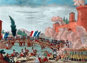 Napoleon führt seine Armee über die Brücke von Lodi - Napoleon während der Schlacht und Überquerung der Brücke von Lodi im Jahr 1796 - Überquerung der Brücke von Lodi in Italien durch die republikanisch-französische Armee unter dem Kommando von General Nap von Unknown artist