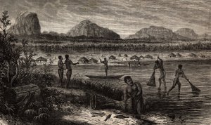 Nahe den Katarakten des Rovuma (Mosambik), die Fischfangaktivitäten. Gravur zur Illustration von Dr. Livingstone
