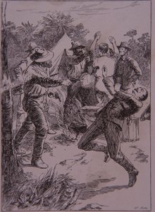 Ned Kelly tötet Polizeibeamten Lonigan am Stringybark Creek im Jahr 1878 (Stich)