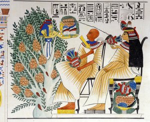 Nephtys, ägyptische Göttin, entspringt dem mystischen Baum und bietet dem Verstorbenen Nahrung an - in „Monuments of Egypt and Upper Nubia“ von Ippolito Rosellini. 19. Jahrhundert von Unknown artist