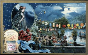 Nacht, Nachtfest beleuchtet mit Laternen, in der Nähe eines Sees - Liebig Chromolithographie von Unknown artist
