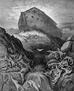 Noah sendet eine Taube zur Erde, gemäß Genesis. 19. Jahrhundert Gravur