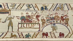 Normannische Diener bereiten ein Bankett für Wilhelm vor und Bischof Odo segnet das Mahl, Teppich von Bayeux