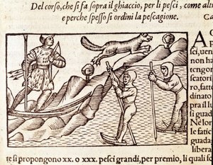 Norwegische Jäger auf Skiern. Gravur von Olaus Magnus (1490 - 1557), schwedischer Geistlicher und Geograph, „Historia de Gentis Septentrionalibus“, Venedig von Unknown artist