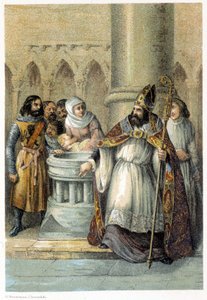 Notger (930-1008), Bischof von Lüttich, während der Taufe von Otto III. (980-1002), König von Deutschland. Chromolithographie aus dem 19. Jahrhundert. von Unknown artist