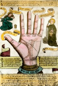 Okkulte Wissenschaften: die Hand mit ihren Linien zur Zukunftsdeutung. Tafel aus einer Chiromantie