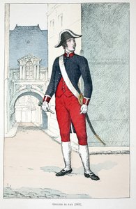 Friedensoffizier (1802). Farbradierung zur Illustration „Histoire du corps des gardiens de la paix“ Buch veröffentlicht unter der Schirmherrschaft von Louis Lepine (1846-1933) Polizeipräfekt der Seine, von Alfred Rey (1864-?) und Louis Feron (1862-?) von Unknown artist
