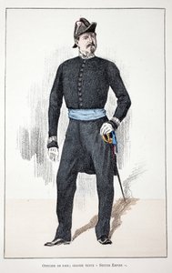 Friedensoffizier, Großes Zweites Kaiserreich (1852-1870). Farbradierung zur Illustration „Histoire du corps des gardiens de la paix“, Buch veröffentlicht unter der Schirmherrschaft von Louis Lepine (1846-1933), Polizeipräfekt der Seine, von Alfred Rey (186