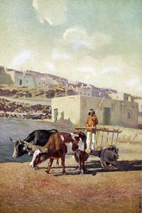 Alte Caretta (Karren) gezogen von zwei Ochsen, gefahren von einem Indianer des Pueblo-Volkes in Laguna, New Mexico