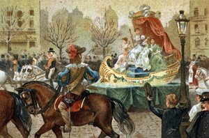 Alte Tradition in der Region Île-de-France: Mittfasten in Paris. Chromolithographie aus dem späten 19. Jahrhundert.