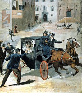 Am 16. Juni 1894 feuerte der Anarchist Paolo Lega in Rom eine Pistole auf Francesco Crispi, Präsident des italienischen Rates. Illustration der Zeit. von Unknown artist