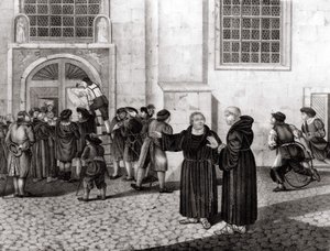 Am 31/10/1517 schlug Luther seine 95 Thesen an die Tore des Wittenberger Schlosses, die den Ablasshandel anprangerten und den Beginn der Reformation markierten - Gravur von Unknown artist