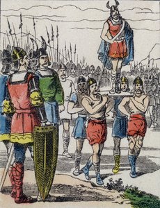Nach dem Tod von Childerich I. wurde sein Sohn Chlodwig von den Salischen Franken zum König gewählt, die ihn auf dem Schild durch das Lager trugen (Gravur) von Unknown artist