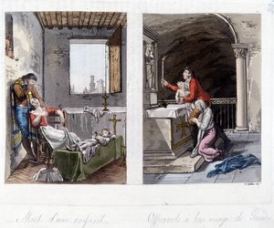 Links, Tod eines Kindes und Trauer der Eltern. Rechts, ein Opfer für die Jungfrau von Guada Lupa. Lithographie des 19. Jahrhunderts