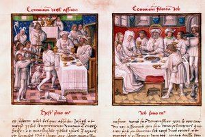 Links das Fest von Assuerus I. (Xerxes I.). Rechts das Fest der Kinder von Hiob. Miniatur aus dem Manuskript „Le Miroir de l