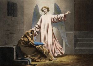 Zweimal angehalten, wird der heilige Petrus von einem Engel befreit. Anonyme Gravur aus der Mitte des 19. Jahrhunderts