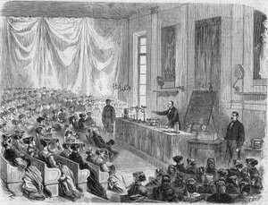 Eröffnung der Kurse für junge Mädchen an der Sorbonne im Jahr 1867. Gravur nach der Zeichnung von Herrn Lix von Unknown artist