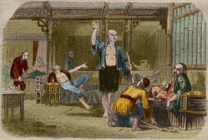 Opiumraucher in China Mitte des 19. Jahrhunderts. Gravur von 1857 in „Le Musee Des Sciences“