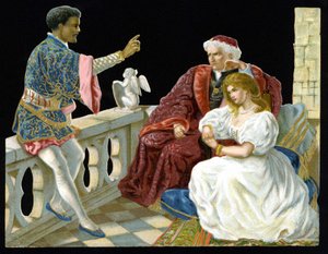 Othello, Desdemona und Iago - in „Othello oder der Mohr von Venedig“ von Shakespeare (1604). Chromolithographie des 19. Jahrhunderts. von Unknown artist