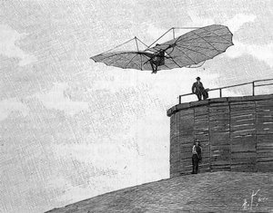 Otto Lilienthal (1848-1896), deutscher Luftfahrtpionier, springt von seinem Holzturm mit seinem Flugzeug (von einem Sofortfoto). Gravur in „La Nature: revue des sciences et de leurs applications aux arts et a l
