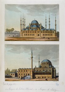 Osmanisches Reich: Blaue Moschee (oder Sultan-Ahmed-Moschee) erbaut von Sultan Ahmed I. und Laleli-Moschee in Istanbul - in „Das alte und moderne Kostüm“ von Ferrario, hrsg. Mailand