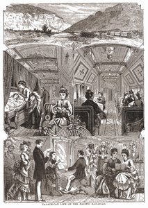 Leben im Schlafwagen auf der Pazifik-Eisenbahn, Gravur aus dem 19. Jahrhundert von Unknown artist