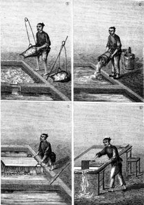 Papierherstellung in China in „Die Wunder der Industrie“ von Louis Figuier, Paris
