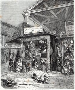Paris 3. Arrondissement - Carre de la Foret-Noire: Verkauf von Leder und Schuhen im Le Carreau du Temple im 19. Jahrhundert - Gravur in „Tableau-de-Paris“ von Edmond Texier von Unknown artist