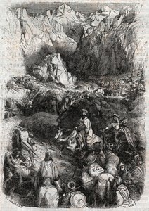 Übergang der Pyrenäen durch die Mauren - Gravur von 1851 aus „Roland der Rasende“ (Orlando furioso) (16. Jahrhundert) von Ludovico Ariosto, bekannt als der Ariosta - Ausgabe, übersetzt aus dem Italienischen von Graf von Tressan und veröffentlicht von Gusta von Unknown artist