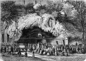 Pilger vor der wundersamen Höhle von Lourdes in den Hohen Pyrenäen, wo die Jungfrau Maria 1858 Bernadette Soubirous (1844-1879) erschien, heutiger Wallfahrtsort. Gravur des 19. Jahrhunderts von Unknown artist