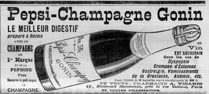 Pepsi Champagne Gonin (Pepsi-Champagne der Marke Gonin). Digestif, zubereitet in Reims mit Champagner und Pepsin. Alkohol empfohlen bei Dyspepsie, Magenkrämpfen, Gastralgie, Schwangerschaftserbrechen, Anämie... (in Apotheken erhältlich). Gravur in „La Natu