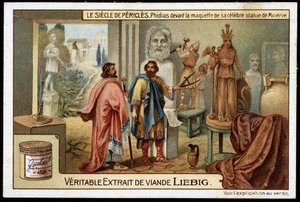 Perikles-Zeit (495-429 v. Chr.): der Bildhauer Phidias (490-430 v. Chr.) vor dem Modell seiner berühmten Minerva-Statue - Liebig Chromolithographie