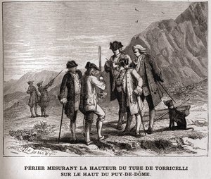 Perier misst die Höhe des Barometers (Quecksilberrohr) von Evangelista Torricelli auf dem Gipfel des Puy-de-Dôme am 20. September 1618 (Gravur des 19. Jahrhunderts, Bianchetti-Sammlung)
