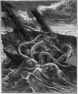 Gefährliche Abenteuer von Narcissus Nicaise im Kongo - von Armand Dubarry (1836-1910) - er hatte vor sich ein gewaltiges Meeresmonster (Riesenkrake) - Gravur im Journal des voyage von 1881 von Unknown artist